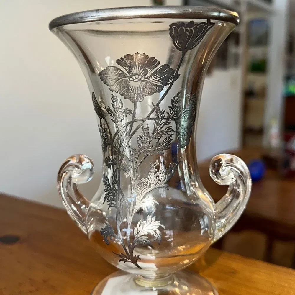 Silver City Footed Double handle Vase with applied Silver Floral  Flanders Patt